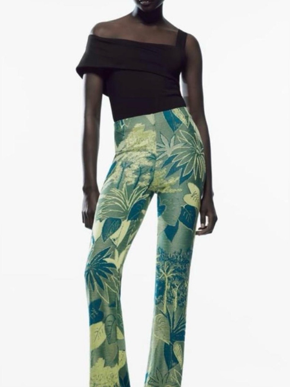 Zara Green and Teal Tropical-Print Wide-Leg Pants